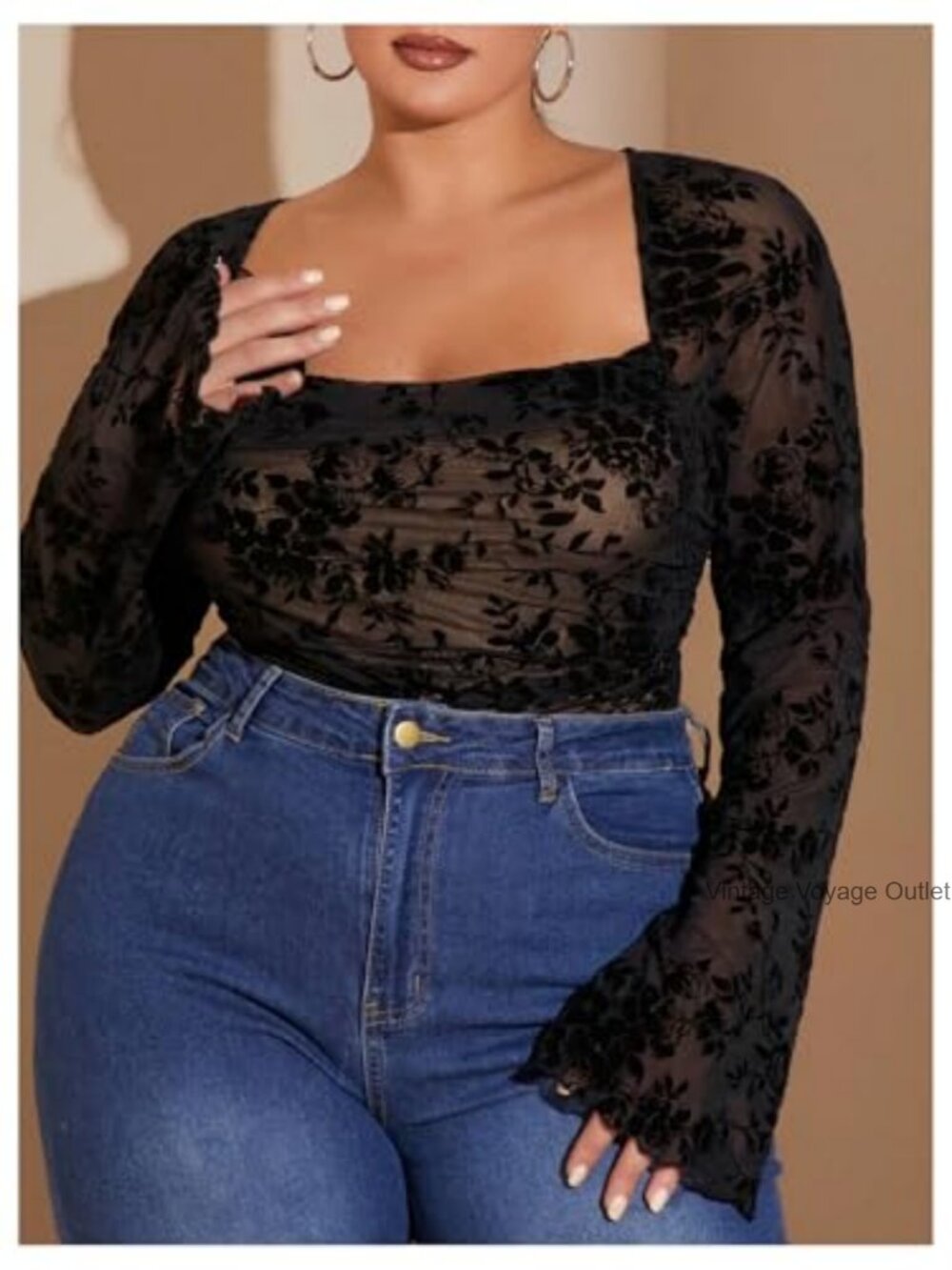 Plus Size Floral Mesh Bodysuit Long Bell Sleeve Square Neck - Picture 3 of 5